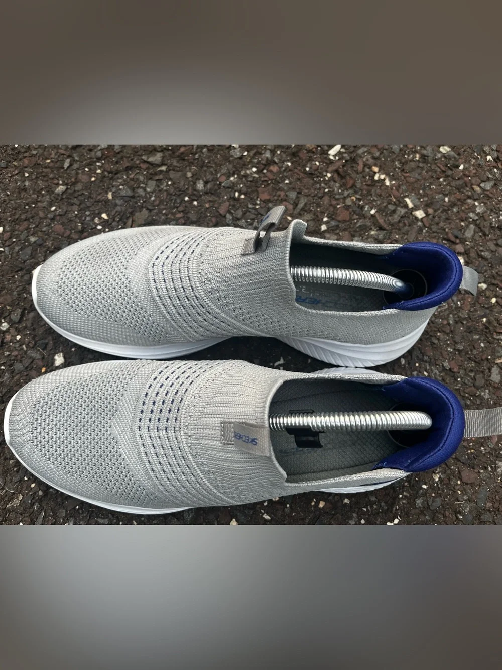 Skechers Men’s 10.5 Slip-On Gray Blue Knit Walking Shoes 232311 EUC